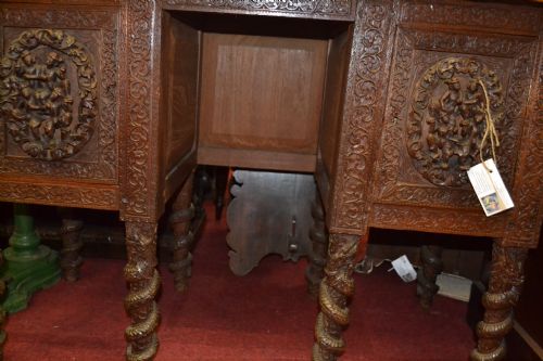 fig 1. Antique 19th Century Anglo Indian Hardwood Desk, Highly Carved,2 doors, c1890