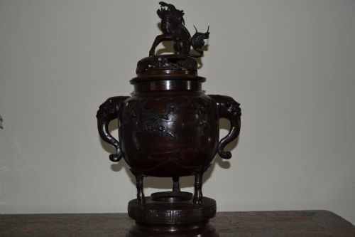 Very Large 19th Century Chinese Bronze Censor, Dog of Fo / Fo Lion Lid , on Raised Stand, C 1850