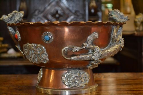 19th Century Tibetan/chinese Copper / Brass Bowl or Jardinaire , Stunning Dragon and Semi-precious Stone Decoration, C1890