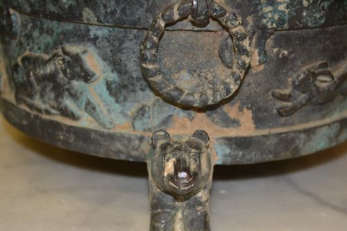 fig 2. Very Large 18th Century Chinese Bronze Lidded Pot, Raised Bear Feet, Ring Handles, Beautiful Decoration, c1780