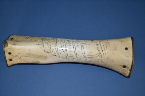 19th Century Carved Scrimshaw Ox Bone Money Box. Brass Ends Inscribed 'As 13 April 1890 Fulham London' and 'Tempus Fugit'. Very Rare and Unusual.