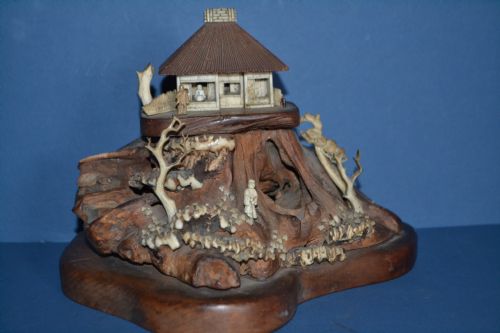 19th Century Chinese Carved Wood/bone/ivory Model of Pagoda on a Rocky Incline,c1880.