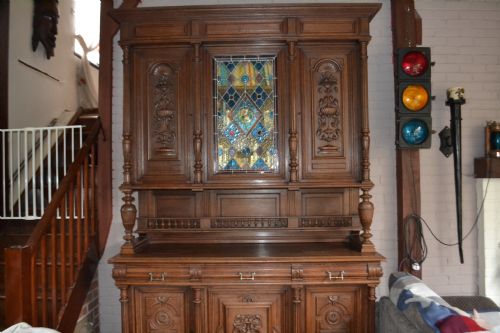 Huge 19th Century French Carved Wood Sideboard/bookcase,c1850.beautifully Carved Panels with Central Stained Glass Panel