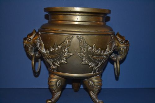 Large 19th Century Chinese Bronze Censor/bowl C1870.dragon Decoration, Elephant Mask and Ring Handles, Elephant Feet.