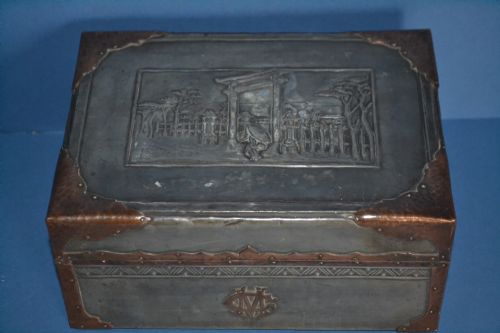 19th Century Colonial Wooden Box Clad in Pewter  and Copper,c1880.oriental Decoration to Lid and Stylised Initials 'Cm' to Front.