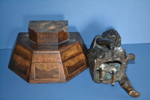 19TH CENTURY BRONZE SEATED PUTTI ON INLAID WOOD BASE C 1870 - ADDITIONAL PHOTO 5