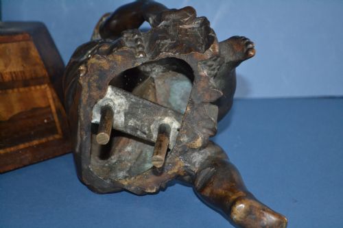 19TH CENTURY BRONZE SEATED PUTTI ON INLAID WOOD BASE C 1870 - ADDITIONAL PHOTO 6