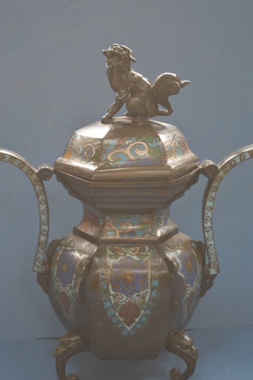 Large Chinese Bronze Cloisonné Lidded Censer, C1870