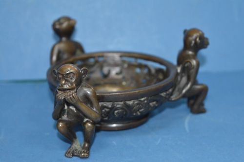19th Century Japanese Bronze Bowl ,C1870,figural Monkey Supports