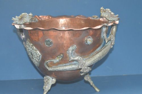 Large Tibetan/chinese Copper Dragon Bowl,c1870.cabochon and White Metal Decoration.