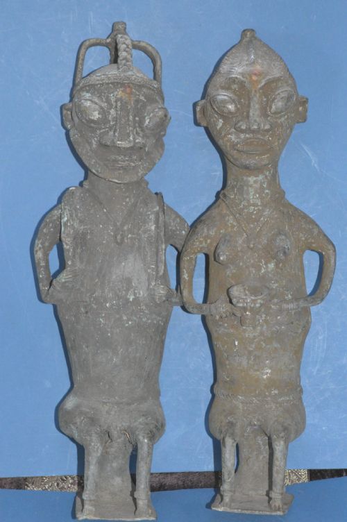 Pair Large (8.4 Kg) 19th Century African Benin Bronze Statues, C1890