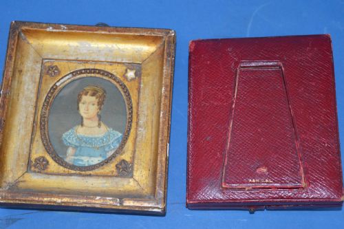 TWO GEORGIAN PORTRAIT MINIATURES C1800ORIGINAL FRAME AND TOOLED LEATHER CARRYING CASE - ADDITIONAL PHOTO 11