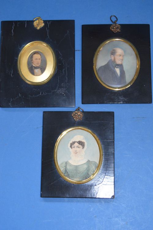 3  X 19th Century Framed Oval Portrait Miniatures, C 1850.Annotated to the Rear with Date of Purchase (1950)