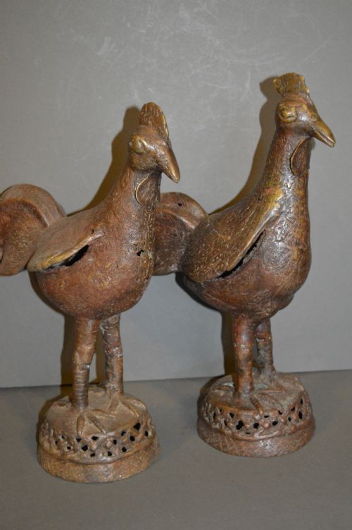 Pair Large African Benin Bronze Cockerels, C 1940
