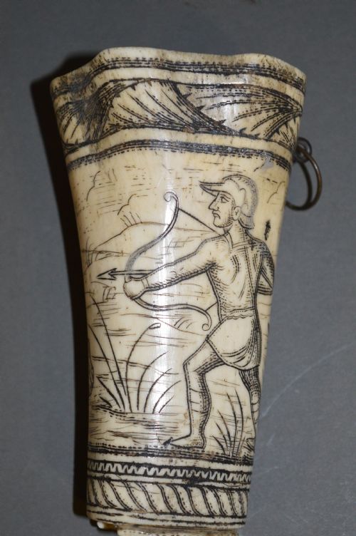 18th Century Bone Hunting Powder Flask , C 1780. Scrimshaw Decoration.