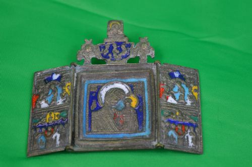 Russian Bronze / Enamel Triptych Icon, C1880