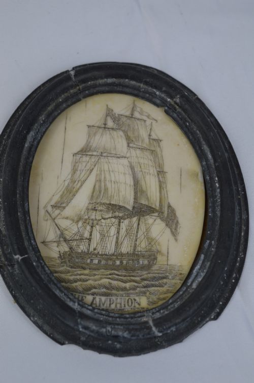 Framed Whale Bone Scrimshaw Picture, C1800