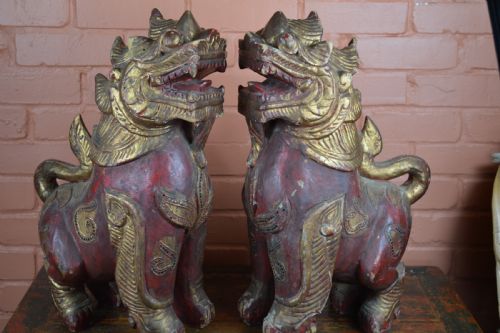 Pair Large Carved Chinese Temple Lions, C1890