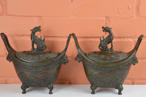 Pair Large (6kg) Chinese Bronze Censers, C1880