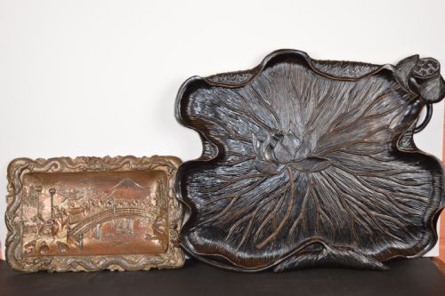 2 Large Japanese Wood/bronze Trays, C1890