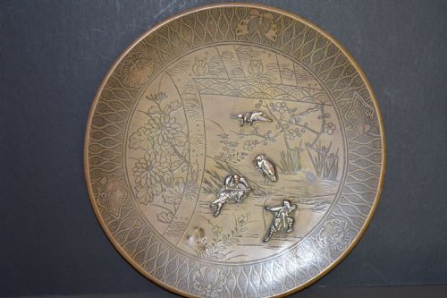 Large Japanese Bronze Charger, Silver Inlay,c1880