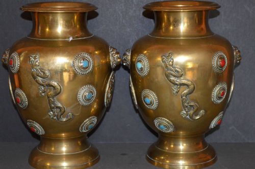 PAIR LARGE 3KG TIBETANNEPALESE BRONZE VASESC1890 - ADDITIONAL PHOTO 1