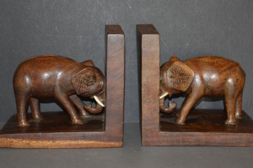 pair 3kg carved hardwood indian elephant bookendsc1920 - CATEGORY: ANTIQUE MISCELLANEOUS - DATED 1920