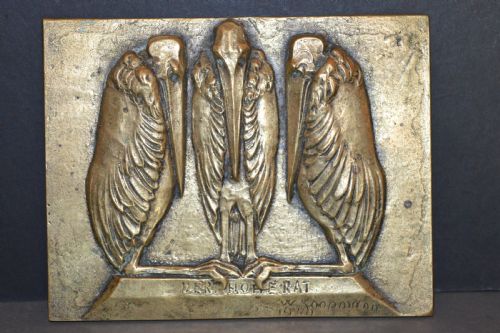 bronze plaque 3 grotesque birds signed w koopmann1940 - CATEGORY: ANTIQUE METAL - DATED 1940