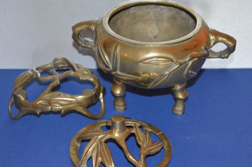 CHINESE BRONZE CENSER ON STAND BAMBOO DECORATION C1850 - ADDITIONAL PHOTO 5