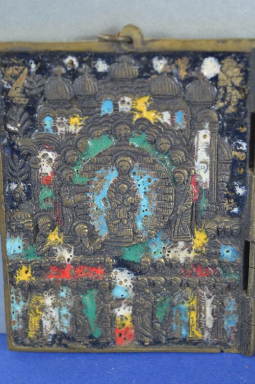 RUSSIAN BRONZEENAMEL TRAVELLING ICONC1880 - ADDITIONAL PHOTO 2