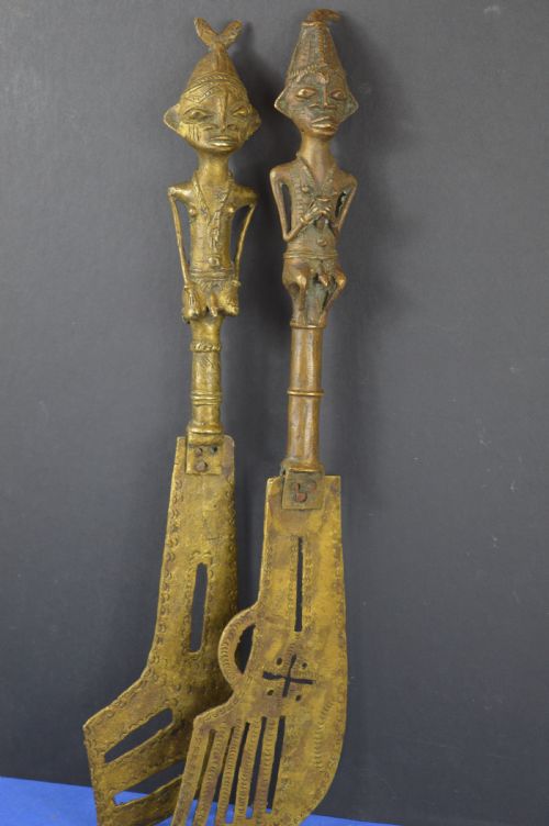 2 LARGE AFRICAN BRONZE YORUBA TRIBAL STAFFC1920