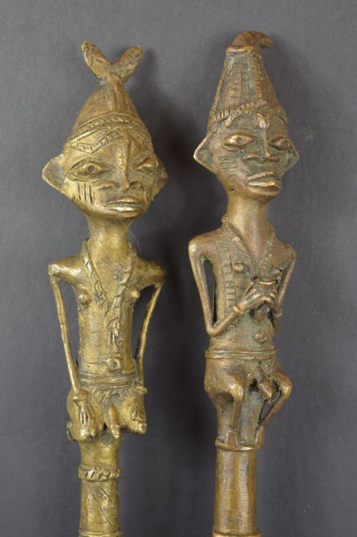 2 LARGE AFRICAN BRONZE YORUBA TRIBAL STAFFC1920 - ADDITIONAL PHOTO 1