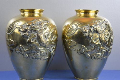 Pair Large (5kg) Chinese Gilt Bronze Dragon Vases,c1880