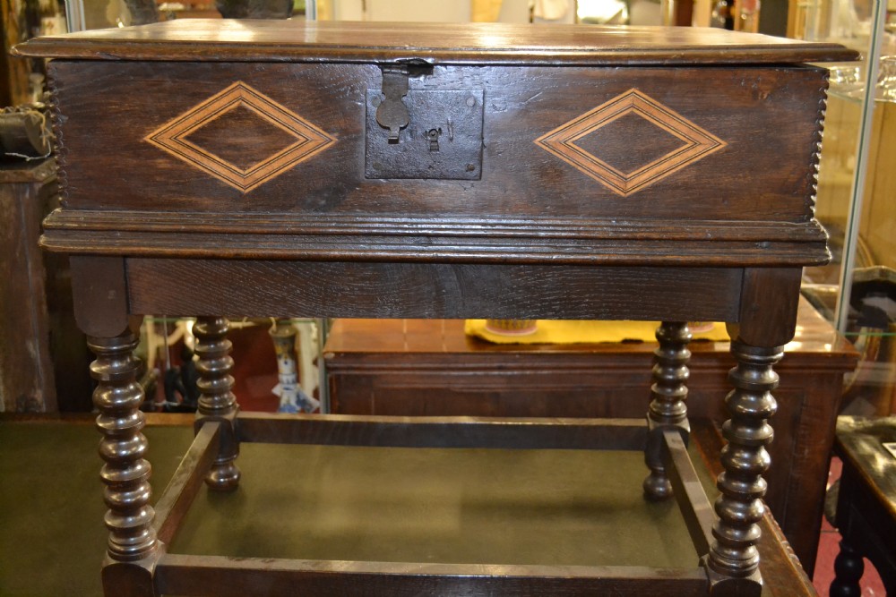 18th Century Oak Bible Box with Inlaid Decoration on Later Stand, c 1760