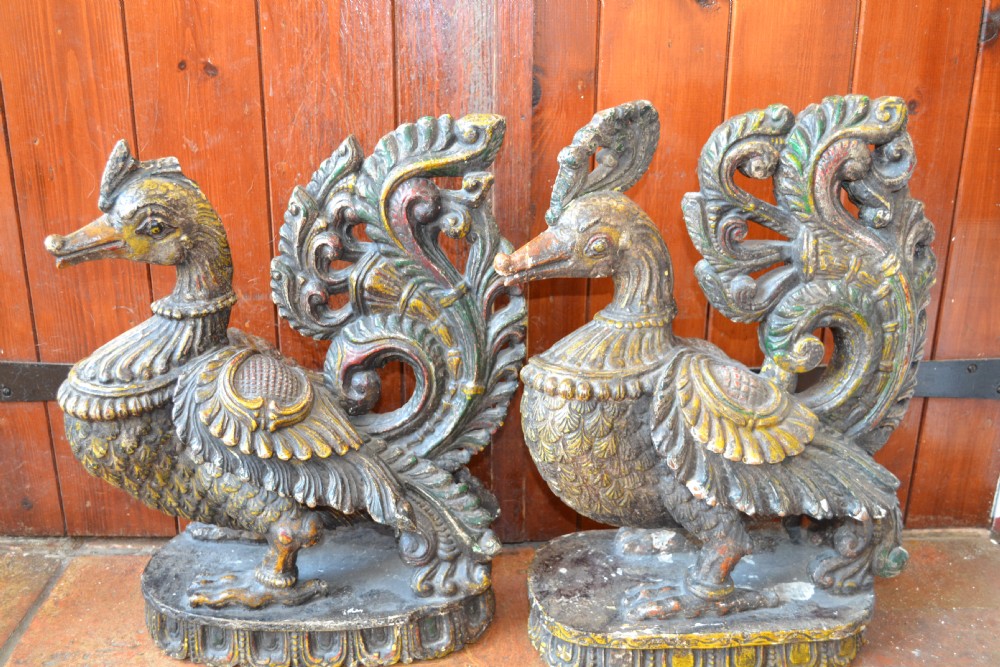 Stunning Pair of Large Antique 19th Century Chinese Carved Wood and Polychrome Temple Birds, c1850