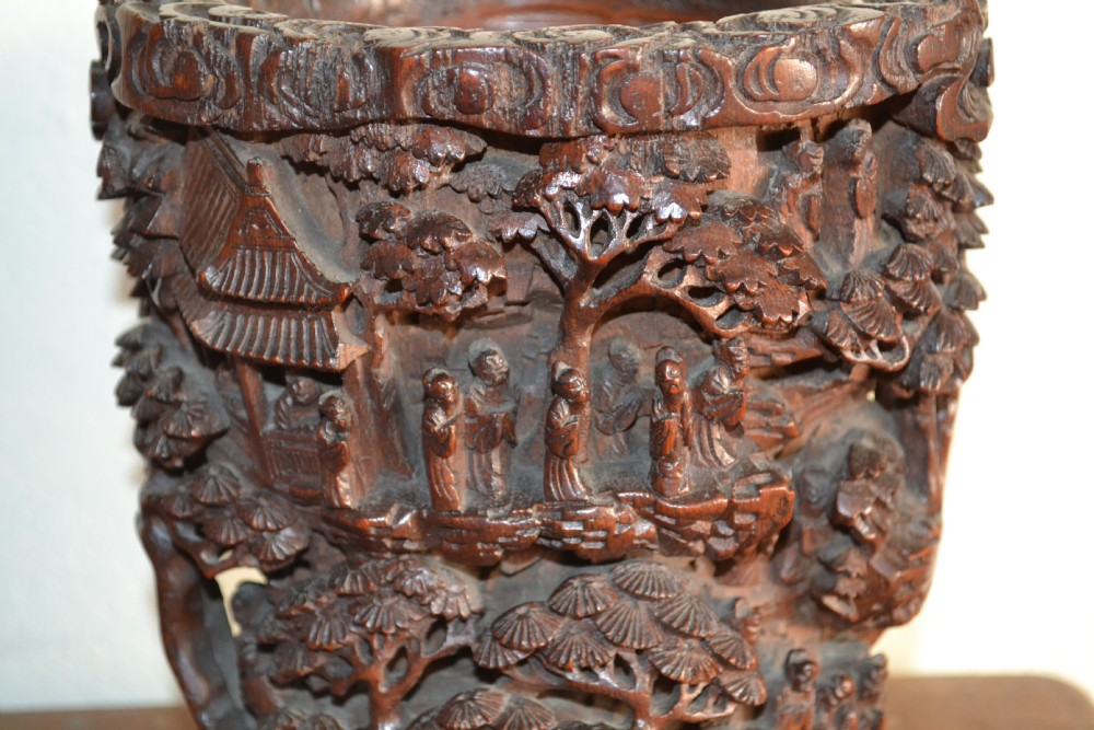 Stunning large 19th Century Antique Chinese Deeply Carved Scholar's Brush Pot, c 1820