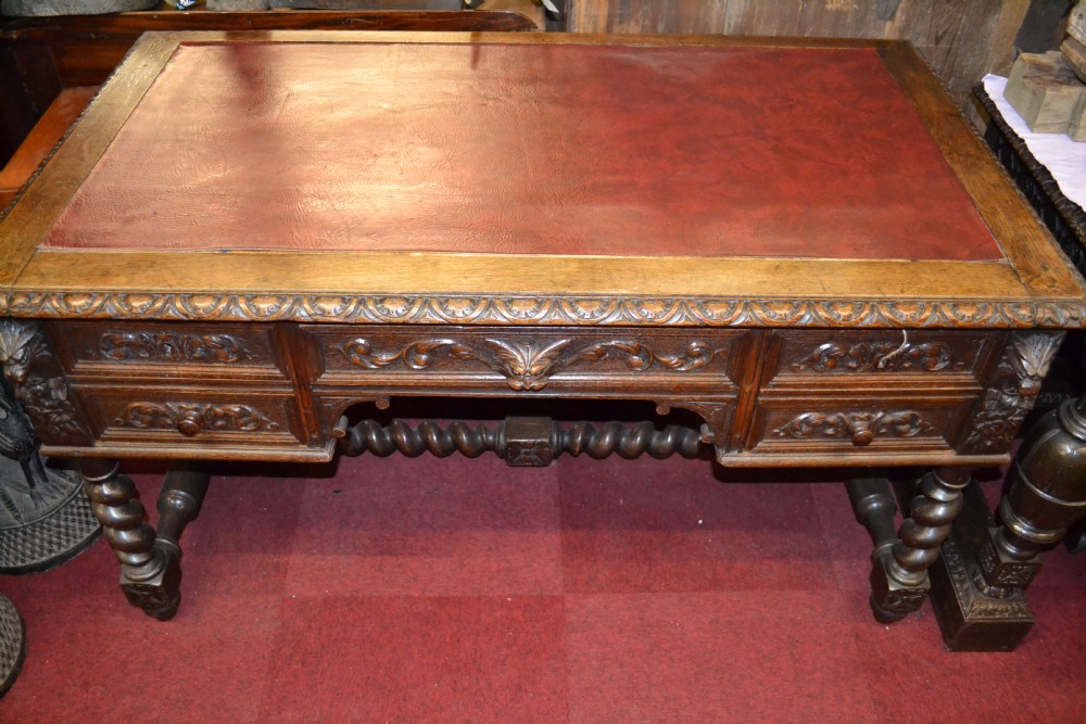 Antique Large 19th Century Highly Carved Gothic Green Man Partners Desk, c 1880