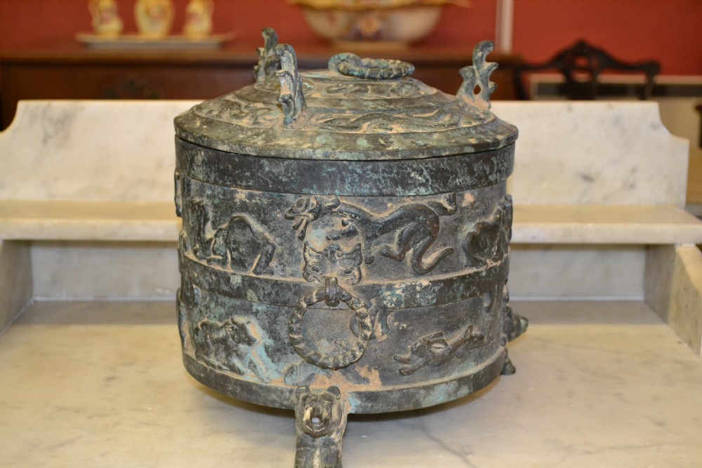 Very Large 18th Century Chinese Bronze Lidded Pot, Raised Bear Feet, Ring Handles, Beautiful Decoration, c1780