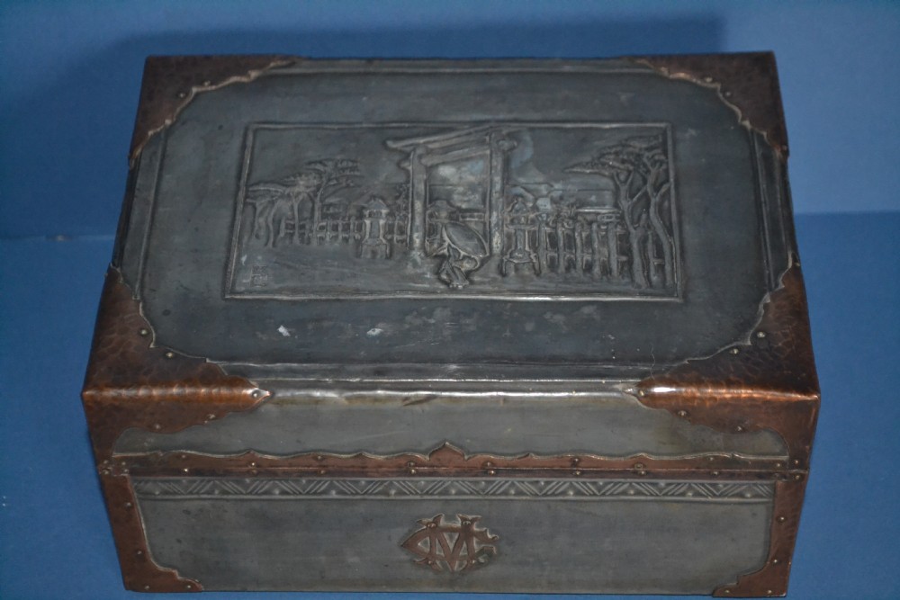 19th Century Colonial Wooden Box Clad In Pewter  And Copper,c1880.Oriental Decoration to Lid and Stylised Initials 'CM' To Front.