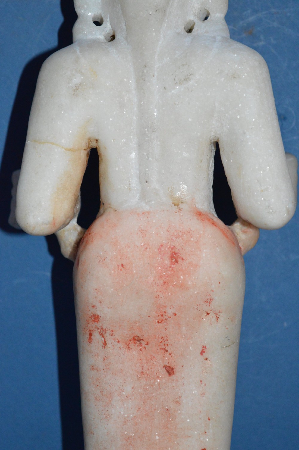 A carved white alabaster standing religious statue with hand-carved drapery details and a smooth finish. View VI