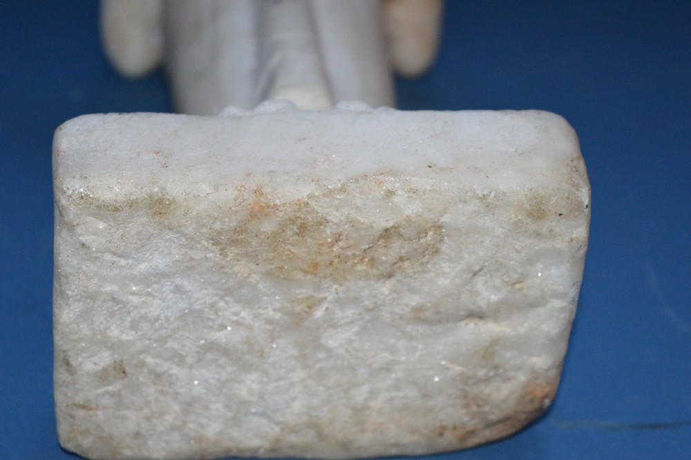 A carved white alabaster standing religious statue with hand-carved drapery details and a smooth finish. View VII
