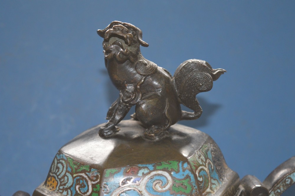 Large Chinese Bronze Cloisonné Lidded Censer, c1870 View III