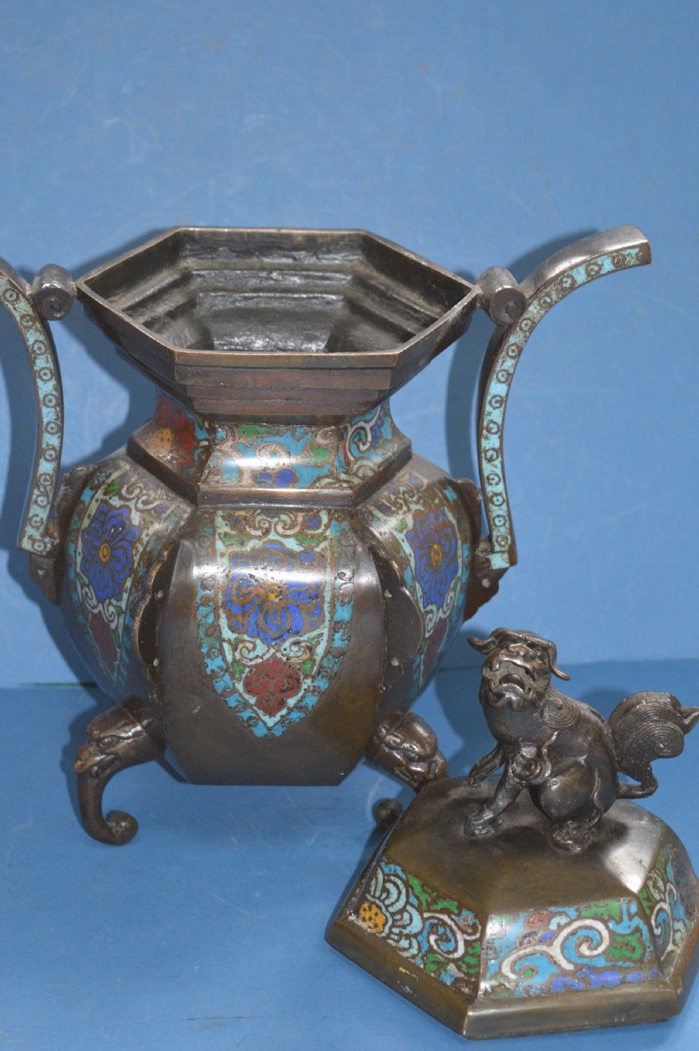 Large Chinese Bronze Cloisonné Lidded Censer, c1870 View VI
