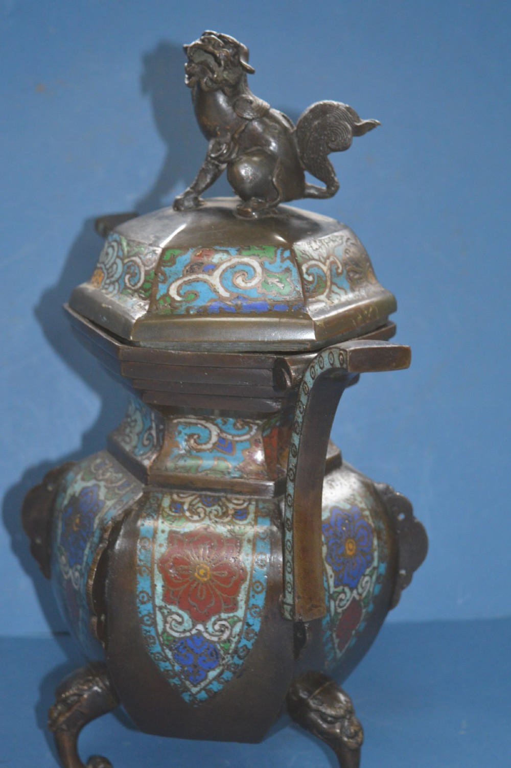 Large Chinese Bronze Cloisonné Lidded Censer, c1870 View X