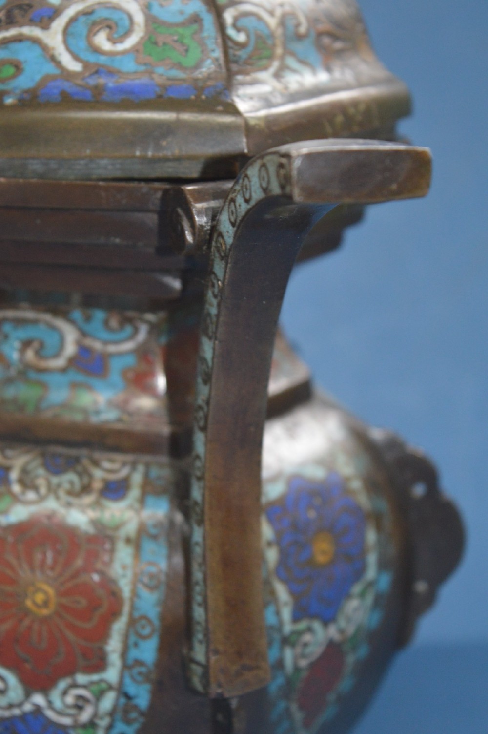 Large Chinese Bronze Cloisonné Lidded Censer, c1870 View XI