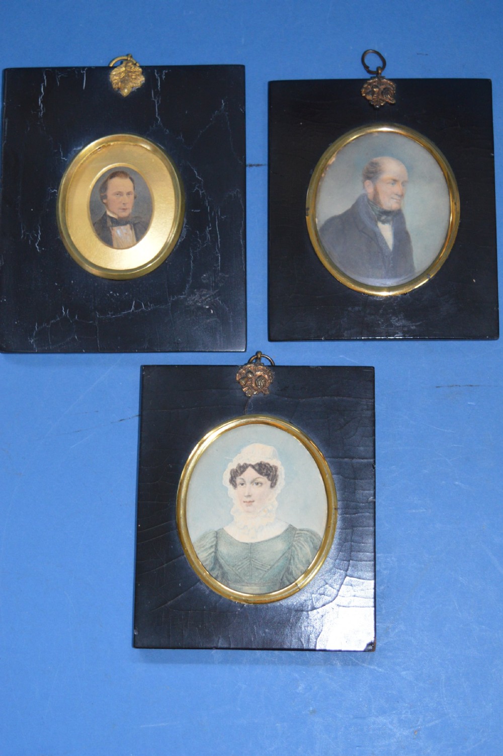 3  x 19th Century Framed Oval Portrait Miniatures, c 1850.Annotated to the rear With Date Of Purchase (1950)