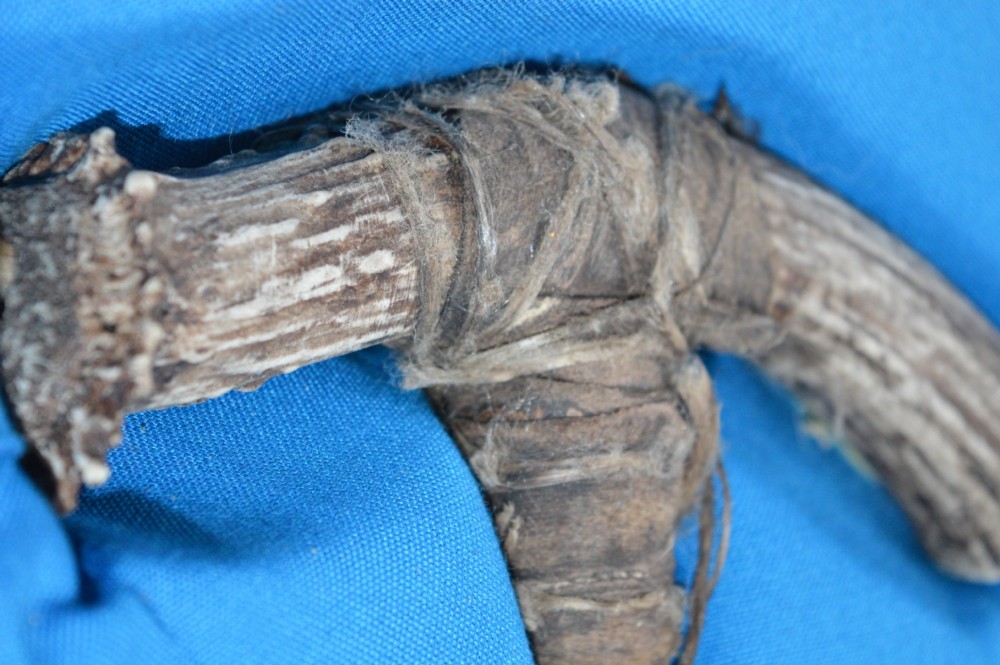 A framed display case lined with blue cloth containing Native American artefacts, including a beaded leather pouch, trade beads, arrowheads, and a hafted tool. View XV