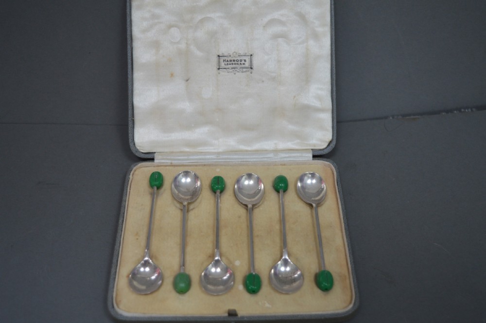 Boxed Set 6 Harrods Silver Coffee Bean Spoons,1936
