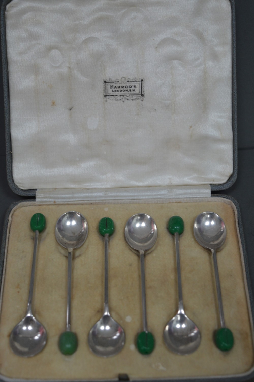 Boxed Set 6 Harrods Silver Coffee Bean Spoons,1936 View II