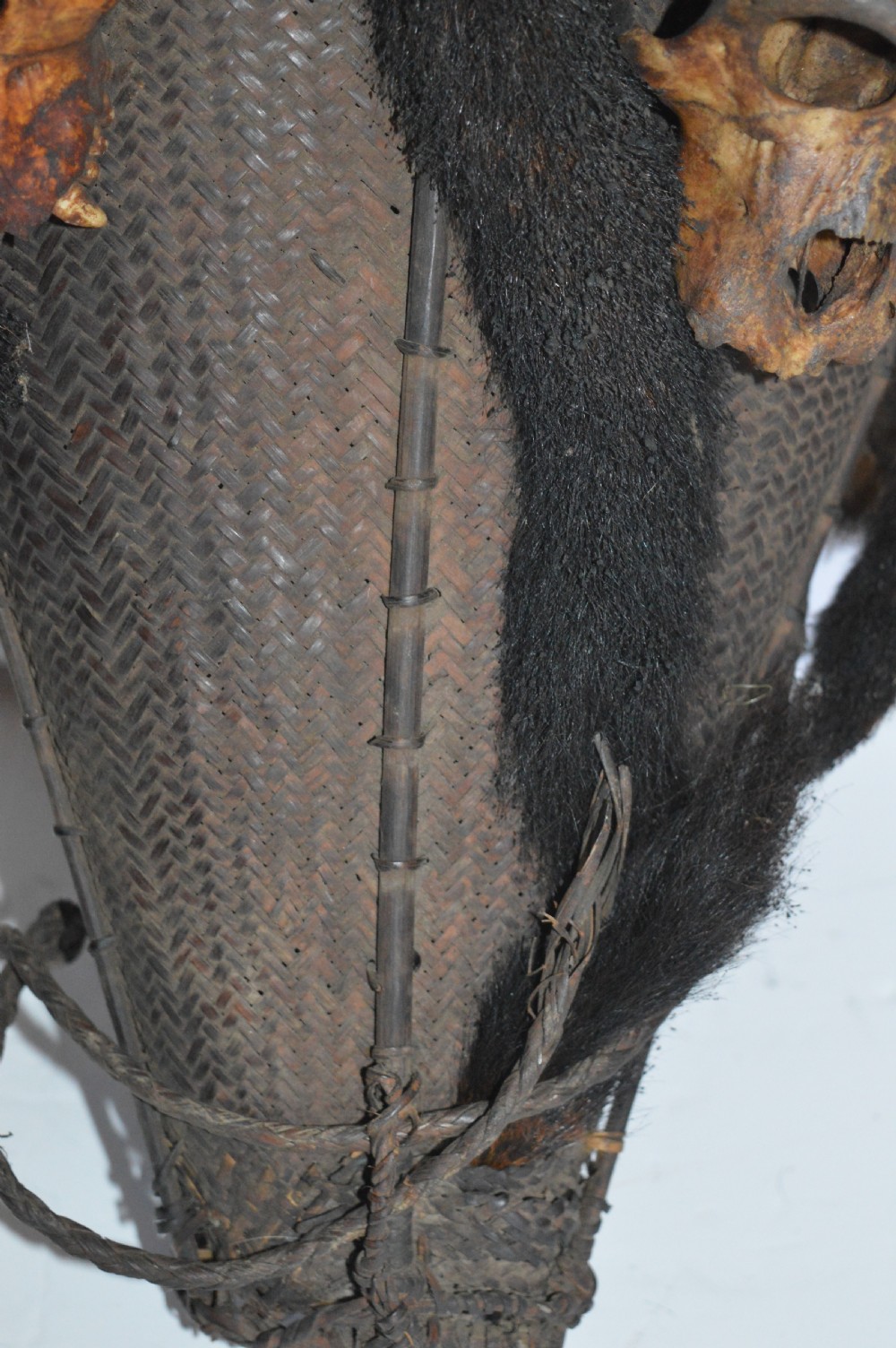Dayak Headhunters Basket, c 1920,Monkey Head and Tail Decoration View V